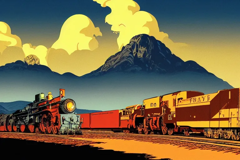 Image similar to old western freight train illustration by joe fenton and syd mead and p. craig russell and barry windsor - smith, artstation, 4 k, graphic novel, concept art, matte painting, steam engine spewing billowy white clouds of steam, beautiful idyllic mountain desert sunset background, golden hour, art nouveau