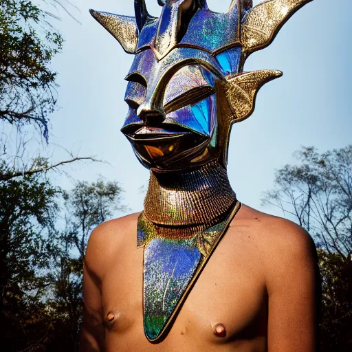 Image similar to wraith pagan wearing iridescent metallic dogon tribal mask standing in a clearing in the deep forest, rays of the sun, caustics, realistic, photography, photojournalism, national geographic photoshoot, inner glow, shimmer, sparkle, smoke, dust