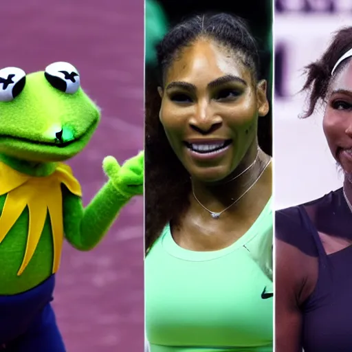 Image similar to Kermit the frog and Serena Williams playing tennis sports journalism 4k hd