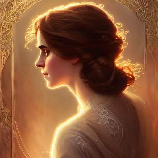 Image similar to beautiful detailed picture of a emma watson, radiant light, art nouveau, intricate, elegant, highly detailed, my rendition, digital painting, artstation, concept art, smooth, sharp focus, illustration, art by artgerm and greg rutkowski and alphonse mucha