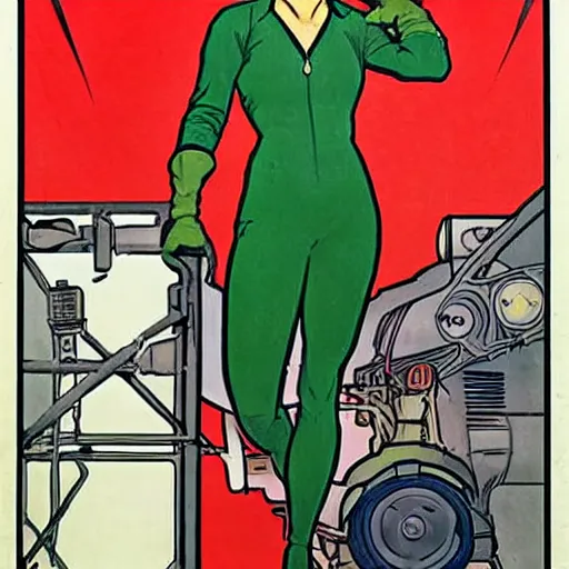 Image similar to a stoic heroic butch tomboy dirty injured blonde emotionless woman engineer, with very short slicked - back hair. she is dressed as a spaceship mechanic. well composed, clean elegant painting, beautiful detailed face. comic book art by steve ditko and jack kirby and ( alphonse mucha )