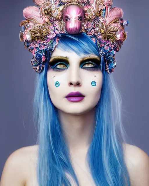 Prompt: natural light, soft focus portrait of an android with soft synthetic pink skin, blue bioluminescent plastics, smooth shiny metal, elaborate ornate head piece, piercings, venetian mask, skin textures, by annie liebovotz,