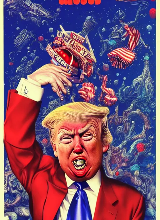 Image similar to donald trump is a disgusting clown, grotesque, horror, high details, intricate details, by vincent di fate, artgerm julie bell beeple, inking, vintage 90s print, screen print