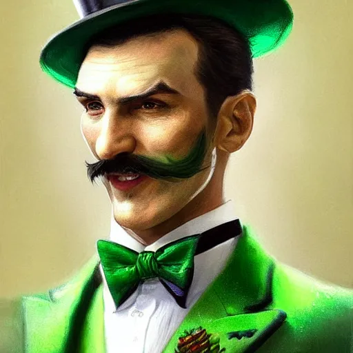 Image similar to hyper realistic portrait painting, beautifully rendered, dapper fancy luigi wearing a green top hat, green suit and bowtie, smirking deviously, painted by greg rutkowski, wlop, artgerm, dishonored 2