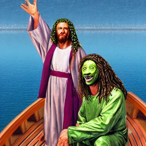 Prompt: old gregg sitting with jesus christ on a boat asking if he loves him, highly detailed, modern