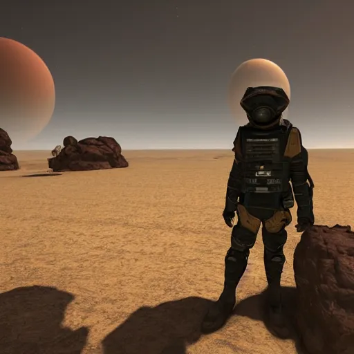 Image similar to the last man standing is on a desert planet waiting for rescue