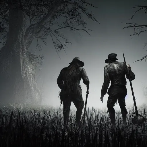 Image similar to hunters from hunt showdown walking across a swamp at night, horror scene, moon light, bayou, silence,