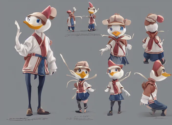 Image similar to award - winning detailed concept art of a cute iconic anthropomorphic duck character wearing a sailor suit. art by wlop on bcy. net, realistic. detailed feathers, art by cheng yi. artstationhd, artgerm, 3 dcg, pixar zootopia. 3 d rendering, high quality model sheet, donald. model sheet detailed