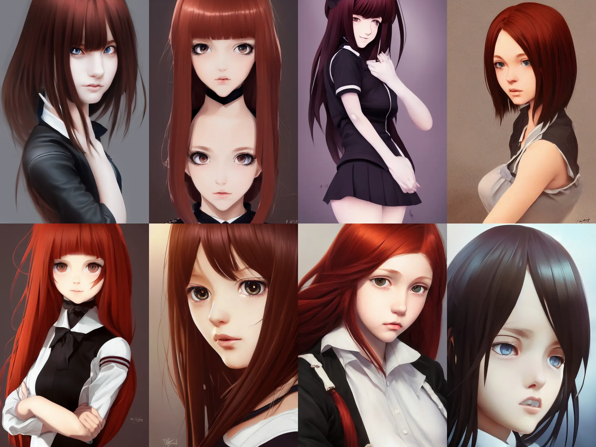 Prompt: Gorgeous ultrarealistic redhead Italian schoolgirl, in black uniform, silky hair, very detailed stunning deep eyes. By ilya kuvshinov, krenz cushart, Greg Rutkowski, trending on artstation. Realistic materials, large highlights, accurate shape, clear curvy details, cinematic soft volumetric studio lighting, with backlight