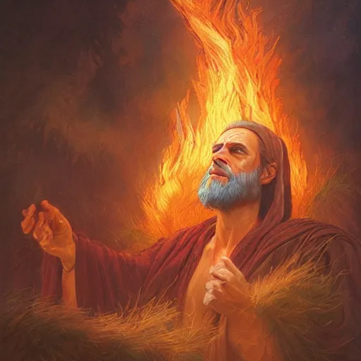 Image similar to Beautiful hyperrealistic detailed matte portrait painting of moses with the Burning Bush, by andreas rocha and john howe, and Martin Johnson