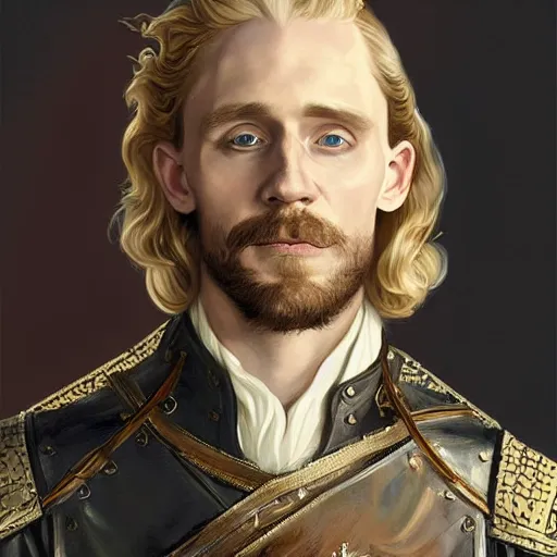 Prompt: blonde medieval nobleman, tom hiddleston, D&D, doublet, painted fantasy character portrait, highly detailed, digital painting, artstation, concept art, sharp focus, illustration, art by artgerm and greg rutkowski and alphonse mucha