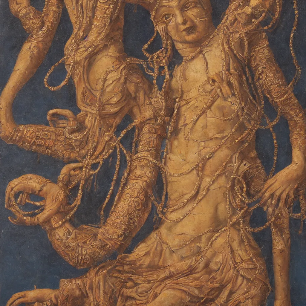 Image similar to young woman deity with multiple arms, highly detailed, oil painting