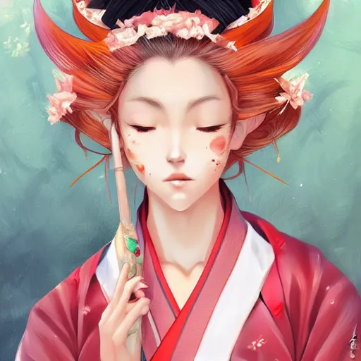 Image similar to A realistic anime portrait of a beautiful kitsune woman with a human face wearing a kimono, digital painting, by Stanley Artgerm Lau, WLOP, and Rossdraws, digtial painting, trending on ArtStation, deviantart