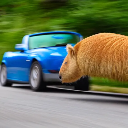 Image similar to A highly detailed photograph of a capybara driving a blue convertible sports car at high speeds