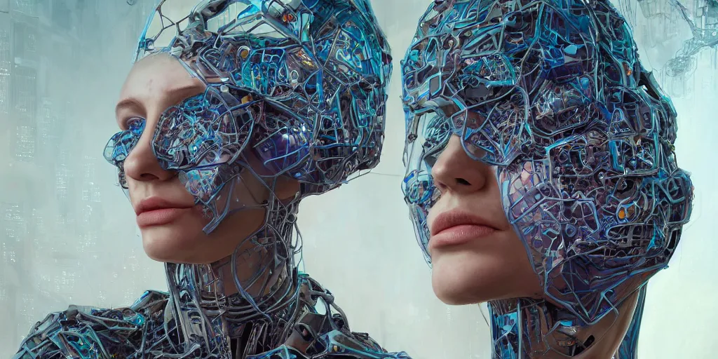 Prompt: a hiper intricate portrait of beautiful cybernetic woman build by artificial inteligence from voronoi fractures, almost done, hiper intricate 3 d render, hyper realistic detailed portrait, scifi, fantasy, hdri light, photoreal, hyper detailed, octane render, concept art, by peter mohrbacher, by wlop, by ruan jia