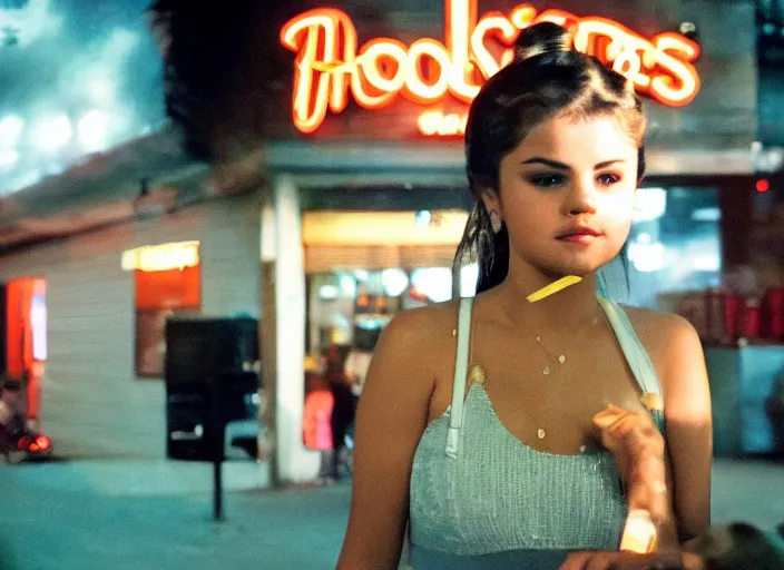 Image similar to a candid, color cinema film still of a selena gomez as a waitress at hooters having a cigarette out back, cinematic lighting at night.