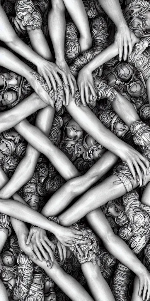 Image similar to closeup of beautiful human bodies intertwined, greebles, highly detailed, hyperrealism