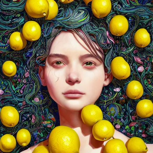 Image similar to the portrait of an absurdly beautiful, graceful, elegant, sophisticated, young teen girl made up of lemons looking up, an ultrafine hyperdetailed illustration by kim jung gi, irakli nadar, intricate linework, bright colors, octopath traveler, final fantasy, unreal engine 5 highly rendered, global illumination, radiant light, detailed and intricate environment