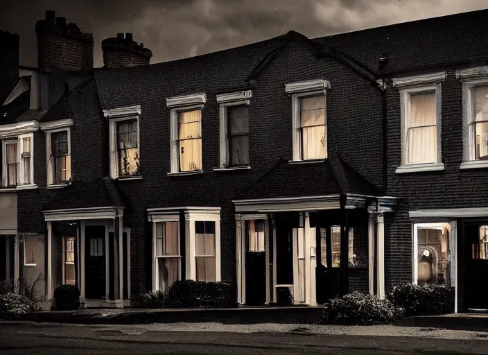 Prompt: small suburban houses in London at night inspired by Edward Hopper, Photographic stills, photography, fantasy, moody lighting, dark mood, imagination, cinematic