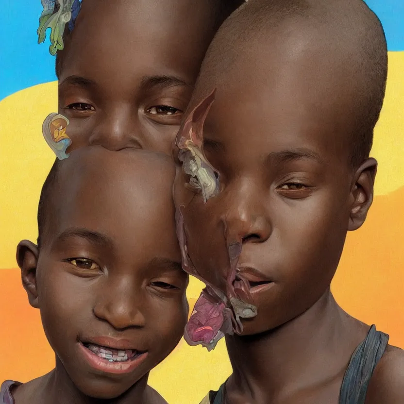 Image similar to colourful upper half portrait of an african boy with sliver teeth grillz, art by hsiao - ron cheng & alphonse mucha, highly detailed, digital painting, ray tracing, concept art, illustration, smooth sharp focus, intricate, symmetry, artstation,