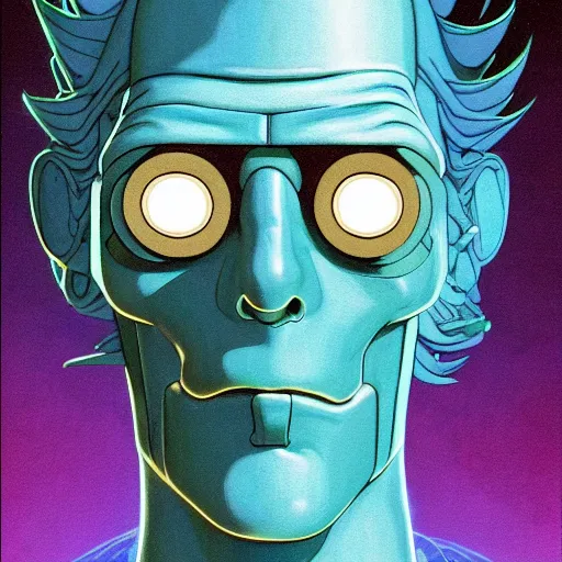 Prompt: 1 0 7 7 bender futuristic rick sanchez futurama portrait by charles vess and james jean and erik jones and rhads, inspired by ghost in the shell, beautiful fine face features, intricate high details, sharp, ultradetailed