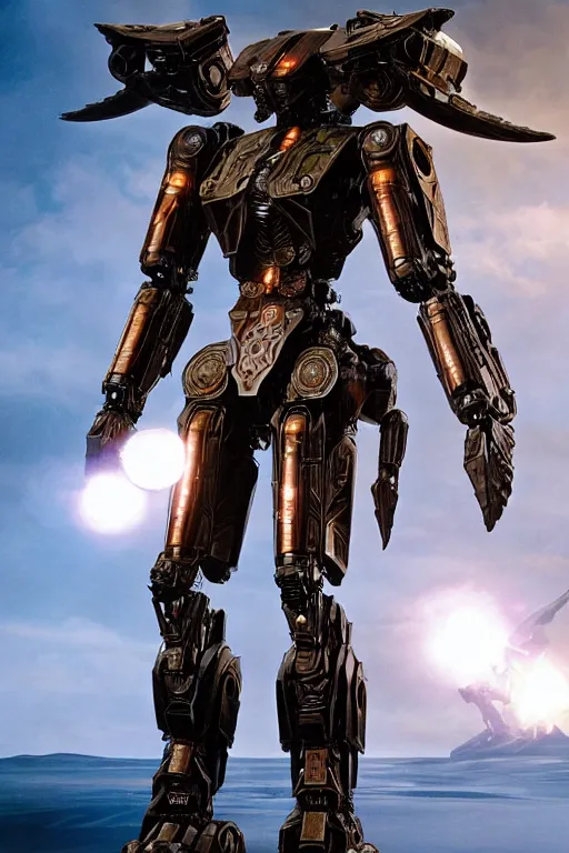 Image similar to cinematic still in dune movie and pacific rim movie and ps 5 game machine warrior 5, intricate ornate humanoid mecha warrior,