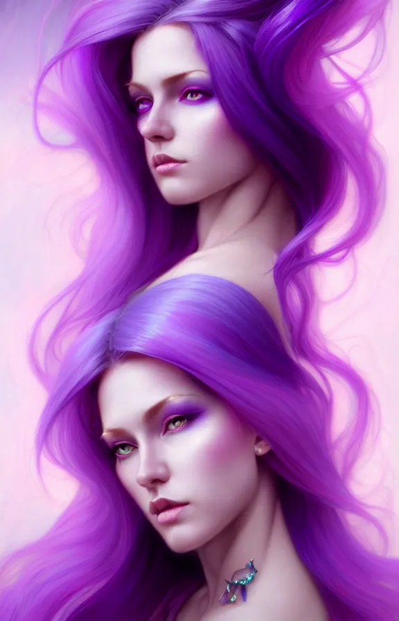 Image similar to Purple hair relistic Portrait of a woman with bright colored flying hair, all shades of purple. Hair coloring, long hair, blue eyes, fantasy, intricate, elegant, highly detailed, digital painting, artstation, concept art, smooth, sharp focus, illustration, art by artgerm and greg rutkowski and alphonse mucha