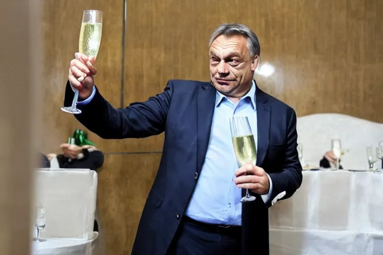 Prompt: viktor orban drinking champagne