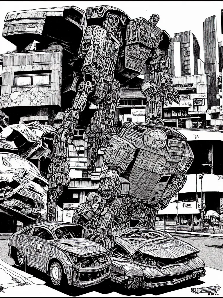 Prompt: an individual Giant wooden robot walking down the street, a crushed car is under the robot’s foot by Richard Corben