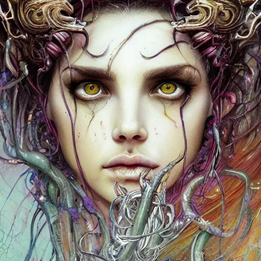 Prompt: portrait of a gorgeous Medusa , magic the gathering artwork, D&D, fantasy, cinematic lighting, centered, symmetrical, Carne Griffiths, Ayami Kojima, Beksinski, Giger,trending on DeviantArt highly detailed, digital painting, concept art, smooth, sharp focus, illustration, volumetric lighting, epic Composition, 8k, art by Akihiko Yoshida and Greg Rutkowski and Craig Mullins, oil painting, cgsociety