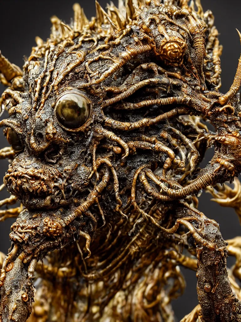 Image similar to photo taken of an epic intricate, ultra detailed, super realistic gritty, wet, slimy, lifelike sculpture of a nightmarish hellish insectoid creature created by weta workshop, menacing, some zoomed in shots, photorealistic, sharp focus, white wall coloured workshop, extremely cold blueish colour temperature, f 0. 4, full body shot, golden ratio