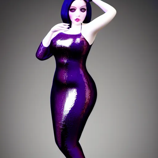 Image similar to a curvy feminine pale goth cutie wearing an elegant elaborate tight latex-nylon-leather sequined tube gown with purple-grey highlights, thin-waist, cgsociety, photorealistic, sublime-comforting ambience, 16k, smooth, sharp focus, trending on ArtStation, volumetric lighting, fully clothed, worksafe