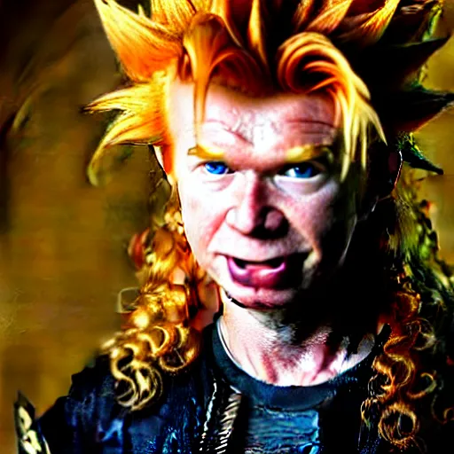 Image similar to uhd candid photo of hyperdetailed young dave mustaine as a super saiyan. correct face, intricate costume, cinematic lighting, photo by annie leibowitz, and steve mccurry.