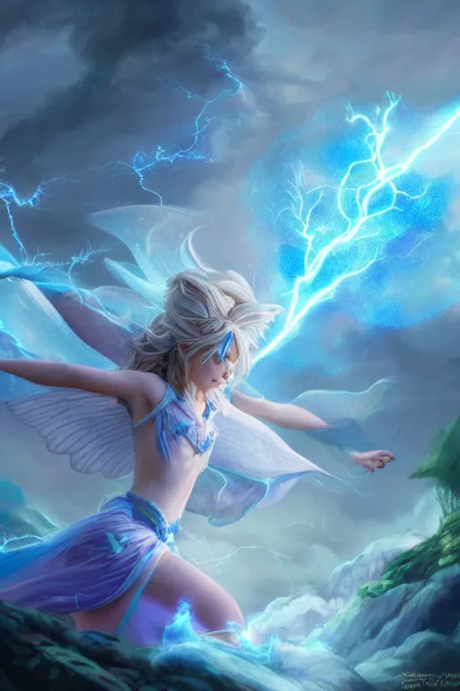 Image similar to legendary fairy prince casting a lightning spell,, lightning energy, blue energy, highly detailed, d & d, fantasy, highly detailed, digital painting, trending on artstation, concept art, sharp focus, illustration, global illumination, ray tracing, realistic shaded, art by artgerm and greg rutkowski and fuji choko and viktoria gavrilenko and hoang lap