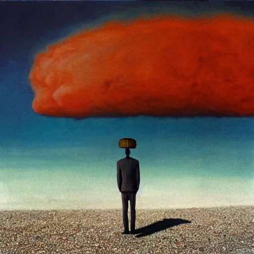 Image similar to a skeleton walking on a beach next to the ocean, nuclear bomb explosion in the background, a surrealist painting by Storm Thorgerson, featured on cg society, nuclear art, surrealist, apocalypse landscape, chillwave