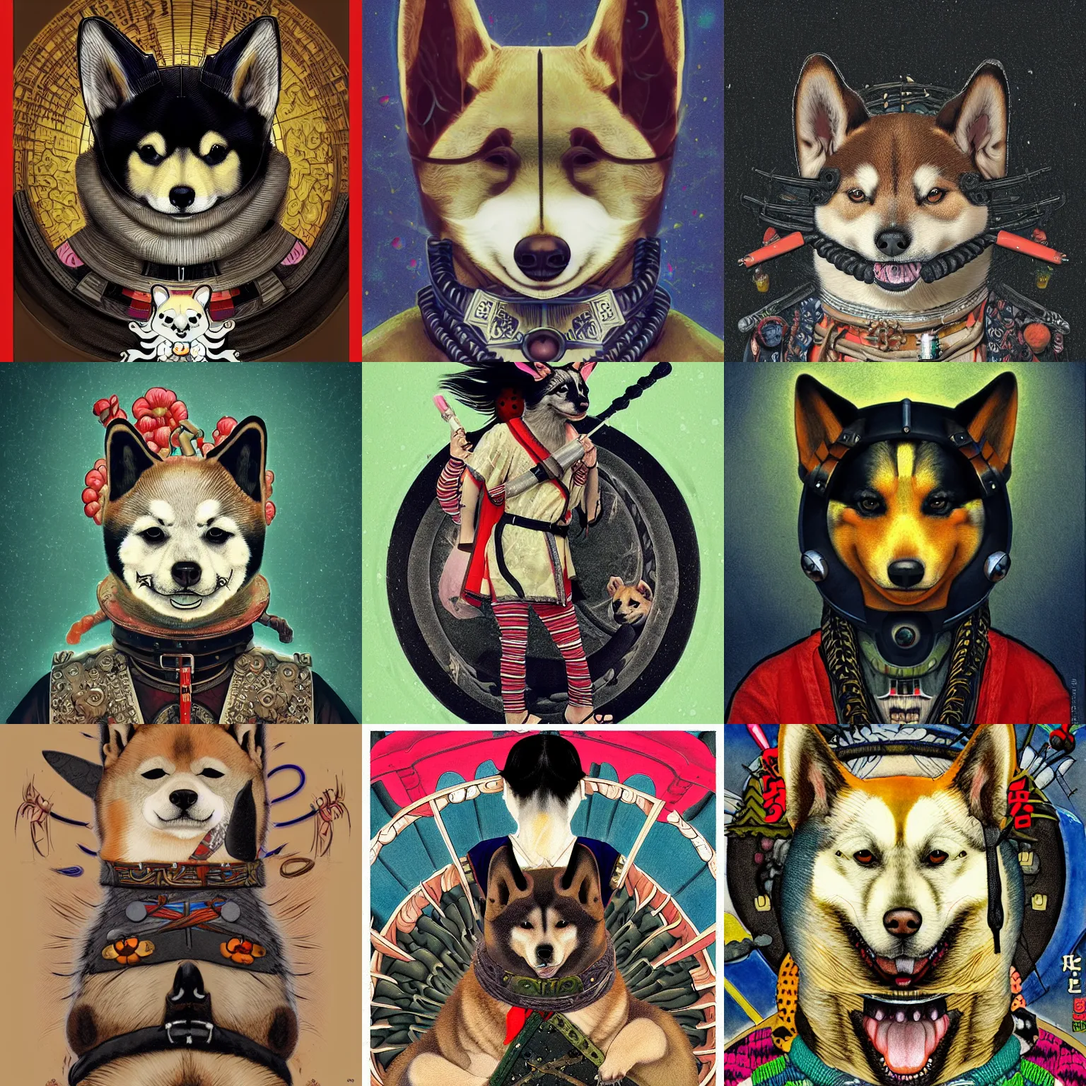 Prompt: a cinematic portrait of a fashionable hippie japanese oni shiba inu that is wearing a cybergoth viking warrior outfit in the style of william blake and norman rockwell, kubrick, escher, subtle junji ito, subtle giger, vivid color scheme, artstation, imdb, 8 k, magnificent, glorious