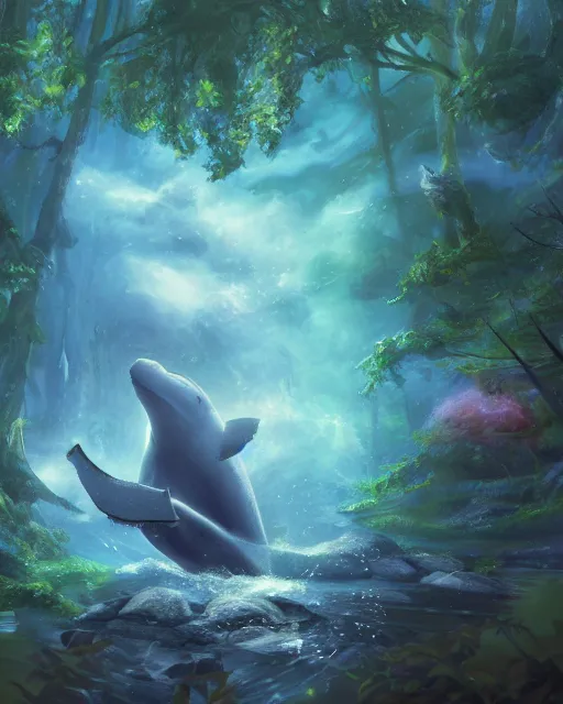 Image similar to Whale playing Trumpet in magical forest, portrait, wearing hat, magical notes, fairy atmosphere, magic the gathering artwork, D&D, fantasy, cinematic lighting, centered, symmetrical, highly detailed, digital painting, artstation, concept art, smooth, sharp focus, illustration, volumetric lighting, epic Composition, 8k, art by Akihiko Yoshida and Greg Rutkowski and Craig Mullins, oil painting, cgsociety