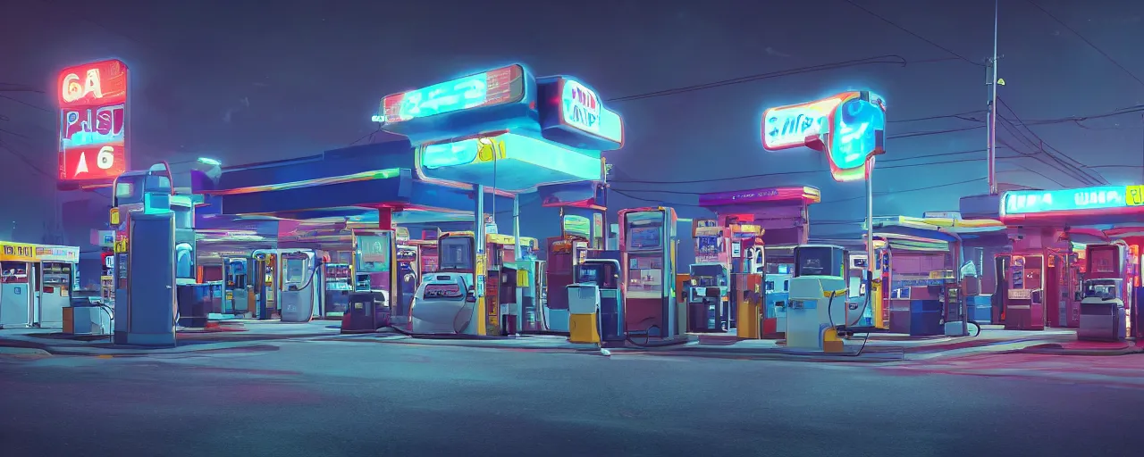 Prompt: a gas station in the night time, vaporwave aesthetic, neon signs, superliminal 8 k uhd, unreal engine, octane render in the artstyle of finnian macmanus, john park and greg rutkowski