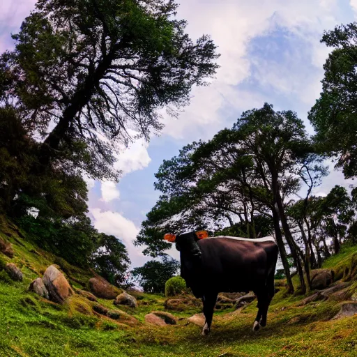 Prompt: a photo of a cow standing on black rocks, fisheye lens