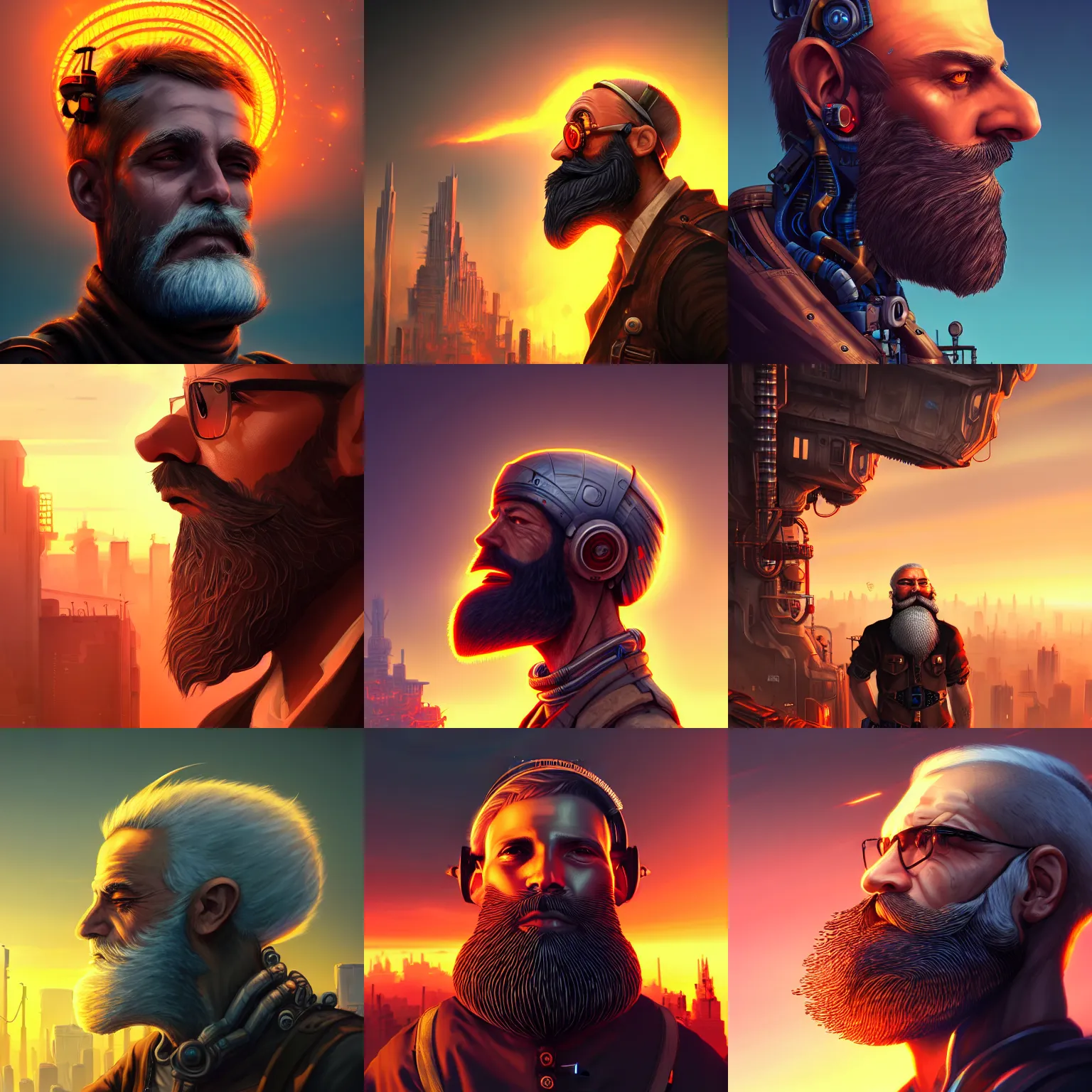 Prompt: gigantic head beard old man upon cybernetic city, sky on fire, hyper detailed, hight detailed, ultra realistic, steampunk, artstation, cgsociety, 8 k