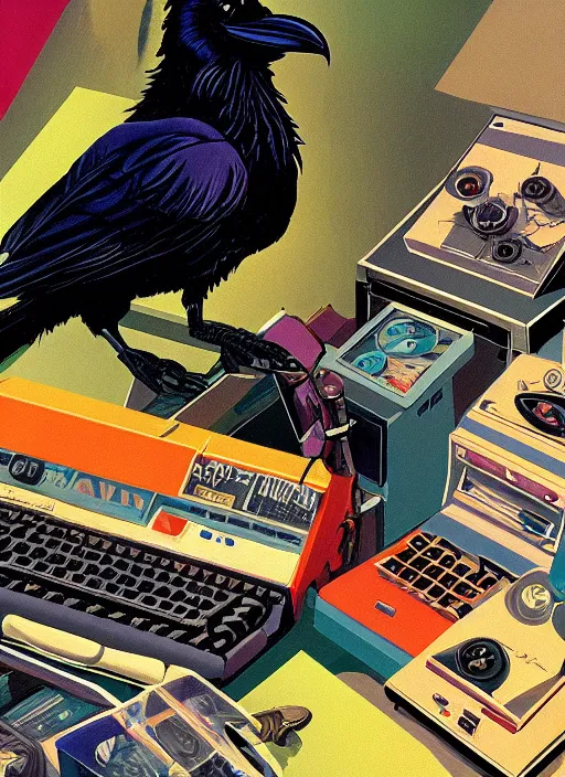 Image similar to a raven digging through 8 0 s era technology, vintage shapes, retro technology, happy color, wayne barlow, oil on canvas, deep depth of field, masterpiece, cinematic composition, hyperdetailed