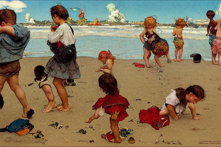 Prompt: kids playing at the beach, huge atomlc explosion in the background, wide angle lens, detailed, by norman rockwell, by mattias adolfsson, by alphonse mucha, oil on canvas,