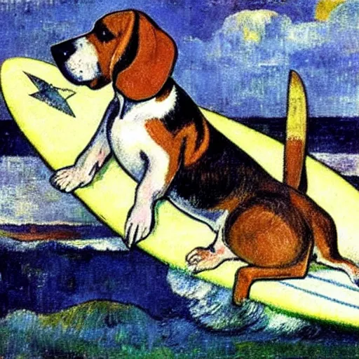 Prompt: a basset hound on a surboard, surfing a barrel wave, in the style of Paul Gauguin