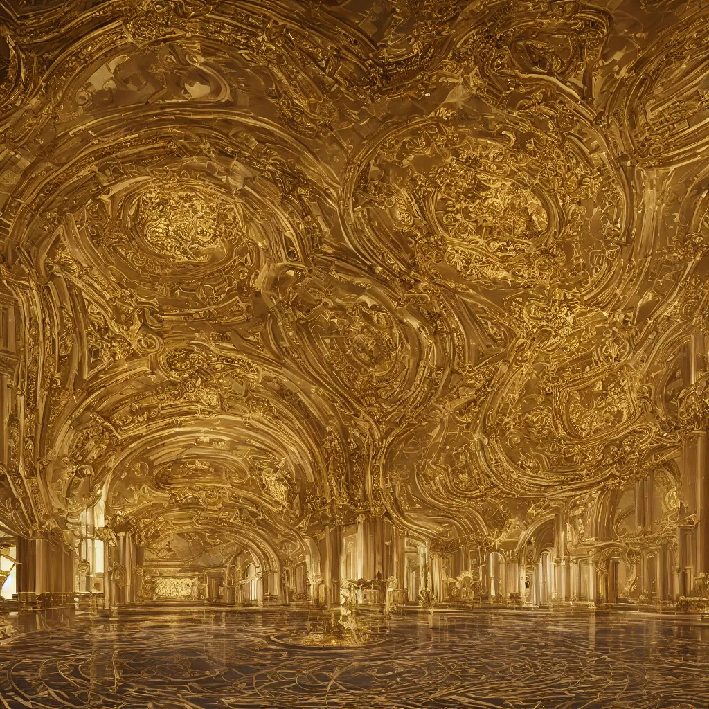 Image similar to an incredibly smooth curvilinear neo baroque interior architectural modern design, a golden pool on the ground, visually highly satisfying architecture render