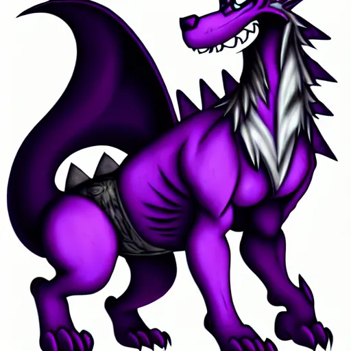 Prompt: giant muscular purple wolf dragon, generic furry style, wearing jeans and a crop top, deviantart, professional furry drawing, insanely detailed, artistic design, wolf - like face