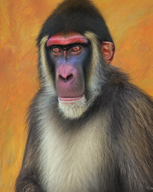 Prompt: portrait of a mandrill by Mandy Jurgens and Richard Schmid and chuck close and mucha