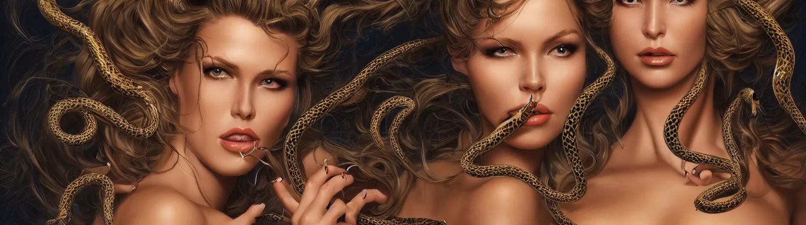 Image similar to beauty woman with snakes for hair, detailed face, surrounded by spiders, very detailed, dramatic lighting, electrical details, high details, 4k, 8k, trending on artstation, by Hajime Sorayama and Boris Vallejo