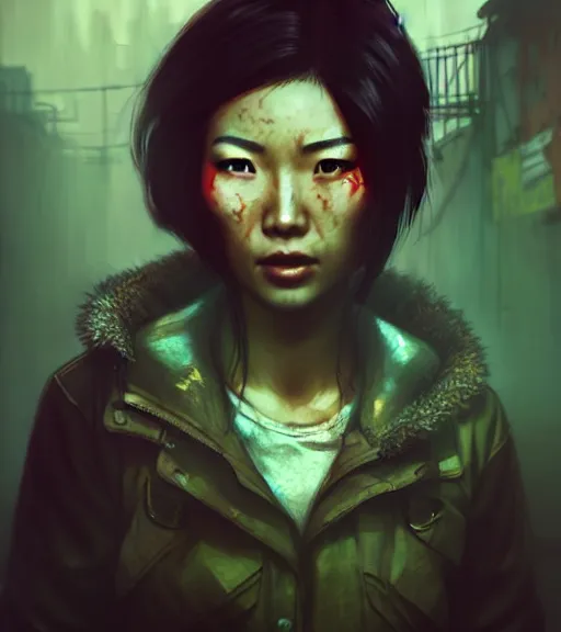 Image similar to fallout 5, charismatic beautiful rugged asian female protagonist, portrait, outdoors in a dilapidated tokyo back alley, atmospheric lighting, painted, intricate, volumetric lighting, daytime, autumn, fog, sharp focus, ultra detailed, art by william turner and ross tran