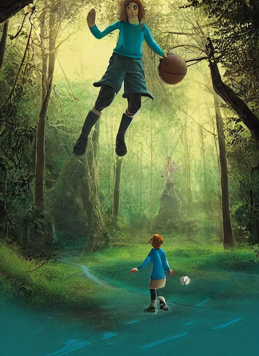 Prompt: a hobbit wearing hiking boots and teal gloves playing basketball in a forest, by beeple