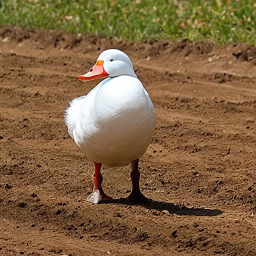 Prompt: a white duck, standing on a motocross track